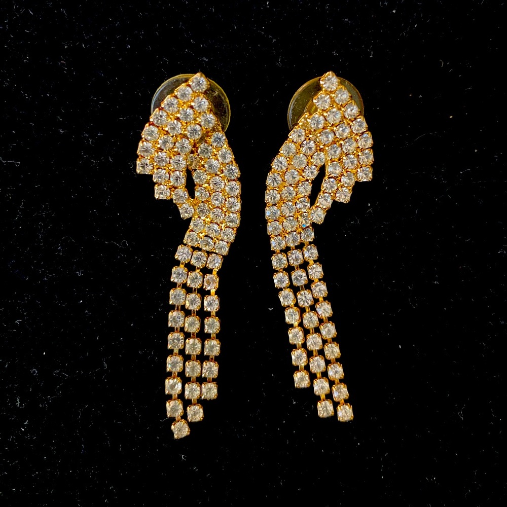 Vintage gold tone rhinestone dangle post back earrings - Picture 2 of 2